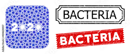 Vector mosaic 2020 virus year and grunge Bacteria stamps. Mosaic 2020 virus year designed as stencil from rounded square of blue contagious items.