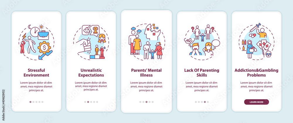 Emotional abuse from parents onboarding mobile app page screen with concepts. Child safety walkthrough 5 steps graphic instructions. UI vector template with RGB color illustrations Emotional abuse from parents onboarding mobile app page screen with concepts. Child safety walkthrough 5 steps graphic instructions. UI vector template with RGB color illustrations