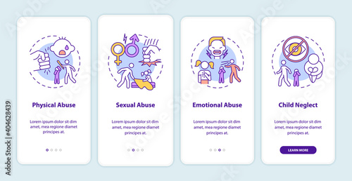 Children abuse onboarding mobile app page screen with concepts. Kid harassment. Child neglect walkthrough 4 steps graphic instructions. UI vector template with RGB color illustrations photo