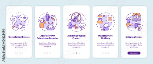 Signs of child abuse and neglect onboarding mobile app page screen with concepts. Kids harassment walkthrough 5 steps graphic instructions. UI vector template with RGB color illustrations
