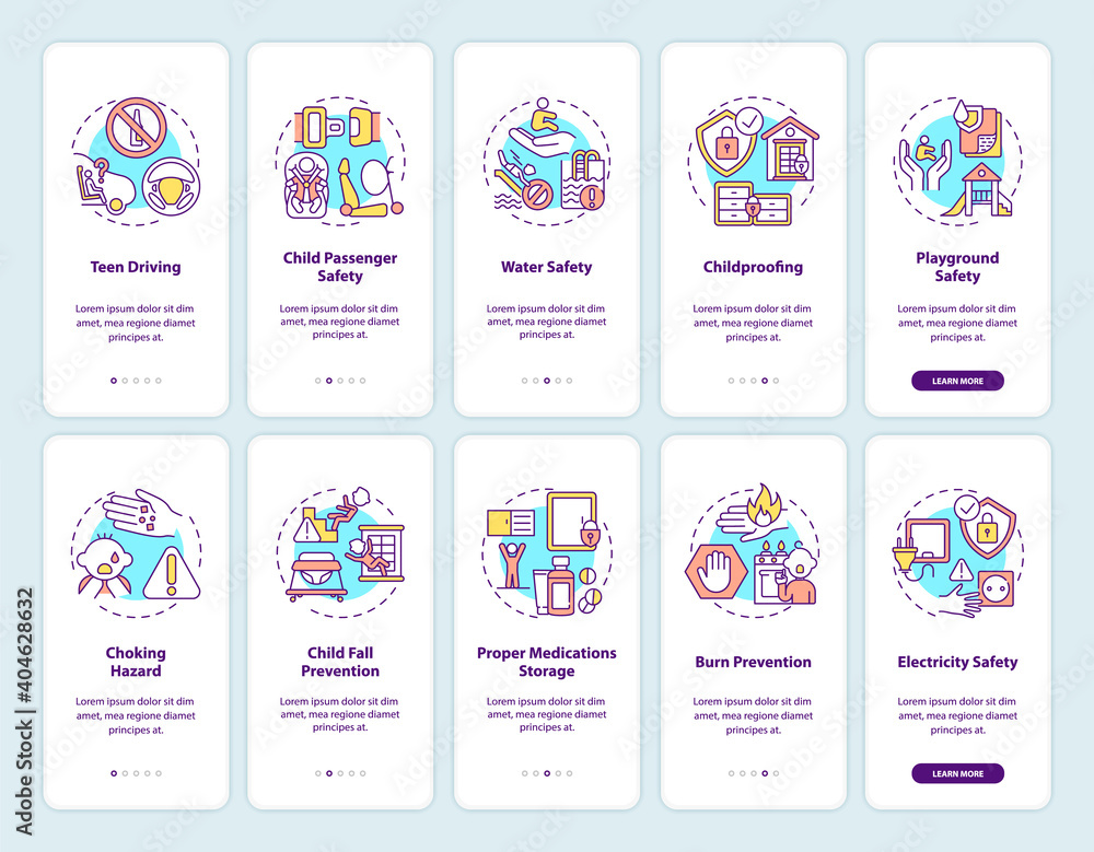 Child safety onboarding mobile app page screen with concepts set. Children protection walkthrough 5 steps graphic instructions. UI vector template with RGB color illustrations pack