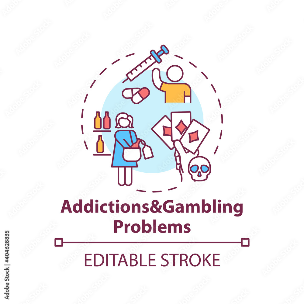 Addictions and gambling problems concept icon. Addict behavior. Cause of parental neglect. Child safety idea thin line illustration. Vector isolated outline RGB color drawing. Editable stroke Addictions and gambling problems concept icon. Addict behavior. Cause of parental neglect. Child safety idea thin line illustration. Vector isolated outline RGB color drawing. Editable stroke