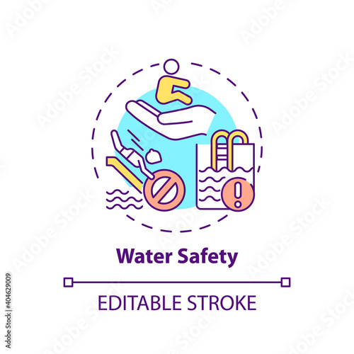 Water safety concept icon. Drowning prevention. Children rescue. Caution for danger. Child safety idea thin line illustration. Vector isolated outline RGB color drawing. Editable stroke