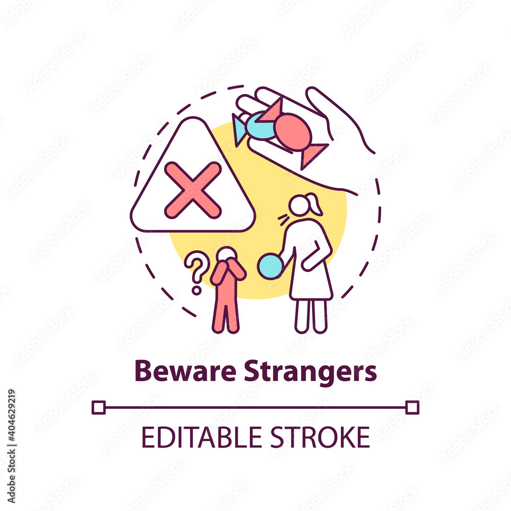 Beware strangers concept icon. Dangerous unknown person. Teach kid cautious behavior. Child safety idea thin line illustration. Vector isolated outline RGB color drawing. Editable stroke Beware strangers concept icon. Dangerous unknown person. Teach kid cautious behavior. Child safety idea thin line illustration. Vector isolated outline RGB color drawing. Editable stroke