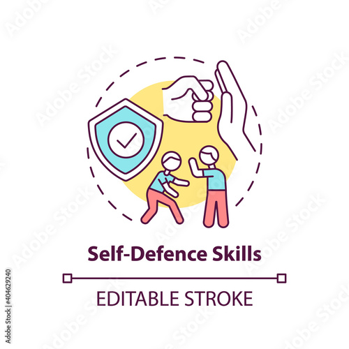 Self-defense skills concept icon. Practice fighting. Martial art classes. Protection from assault. Child safety idea thin line illustration. Vector isolated outline RGB color drawing. Editable stroke
