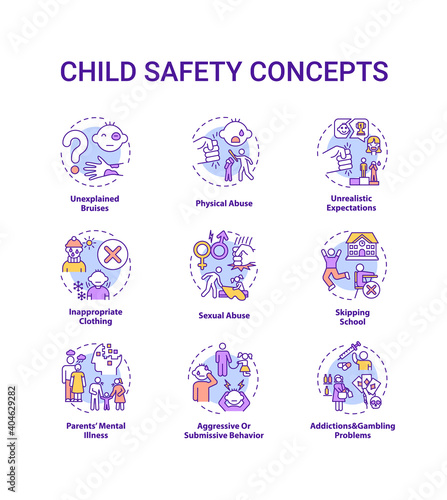 Child safety concept icons set. Parental neglect. Domestic abuse. Children welfare. Kids protection idea thin line RGB color illustrations. Vector isolated outline drawings. Editable stroke © bsd studio