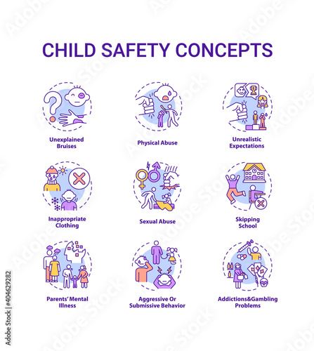 Child safety concept icons set. Parental neglect. Domestic abuse. Children welfare. Kids protection idea thin line RGB color illustrations. Vector isolated outline drawings. Editable stroke