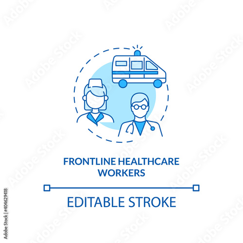 Frontline healthcare workers concept icon. Covid vaccination priority list. Proffesional hospital staff. Clinic idea thin line illustration. Vector isolated outline RGB color drawing. Editable stroke