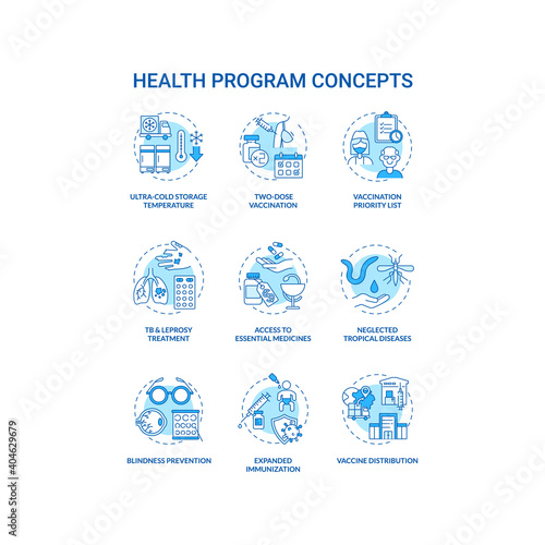 Health program concept icons set. Health programs principles. Covid vaccination. Vaccine logistic idea thin line RGB color illustrations. Vector isolated outline drawings. Editable stroke