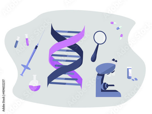 Genetic Engineering.DNA Test.Doctor holding Magnifier Glass and Analyzing DNA Structure Molecule in Lab.Studying Genes.Gene Modification and Genetic Scientists Editing.Flat Vector Illustration