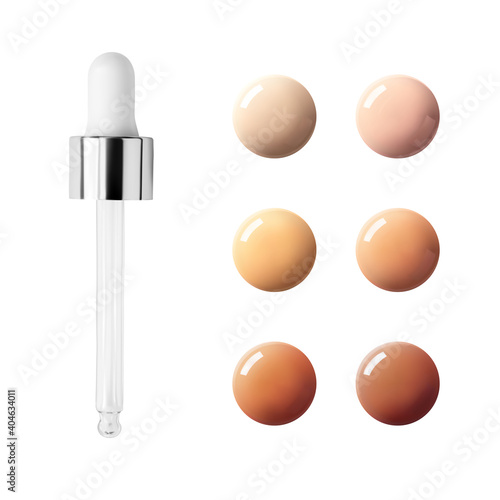 Glass dropper pipette and liquid bb cream or foundation drop swatch. Set glow CC cream colors sample isolated on white background realistic vector illustration
