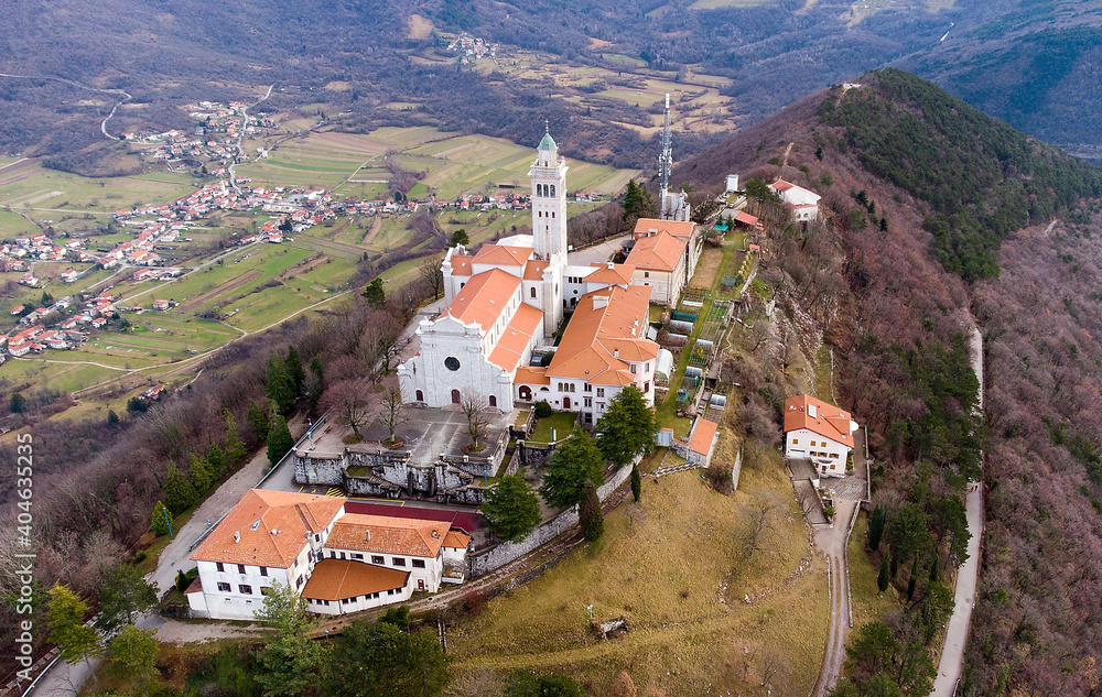 Aerial view of sanctuary of Sveta Gora - Monte Santo near Solkan by Nova Gorica, Slovenia