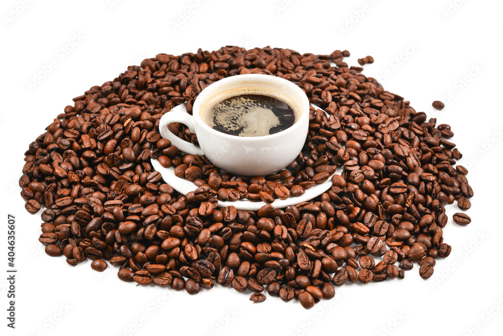 Cup of coffee and coffee beans. Cup of coffee and coffee beans.