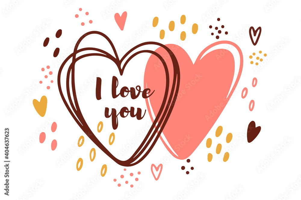 Valentine's day cards with space for your text. Simple cute doodle style. Hearts in yellow-pink tones. Suitable for congratulations, invitations, cards, postcards, design elements.