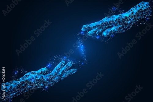 One hand reaches for the other. Gesture of assistance and support. Futuristic polygonal design. Blue background.