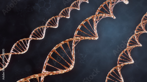 DNA double helix illustration. Human DNA spiral formed from nucleotide molecules. Perfect to use as a background for science, biotechnology or genetics. Blue version. 3D rendering