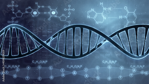 DNA double helix illustration. Human DNA spiral formed from nucleotide molecules. Perfect to use as a background for science, biotechnology or genetics. Blue version. 3D rendering