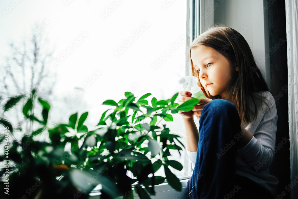 Little girl watering flowers at home on the window, splashing on plant leaves Little girl watering flowers at home on the window, splashing on plant leaves
