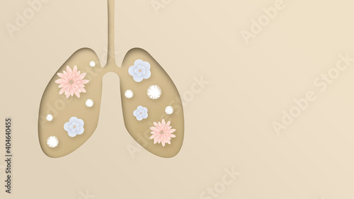 The silhouette lung in the style of paper clippings with spring flowers. Illustration Of Lung Cancer Awareness Month. Pearl color design. Prevention of lung diseases.Concept pneumonia and bronchitis.