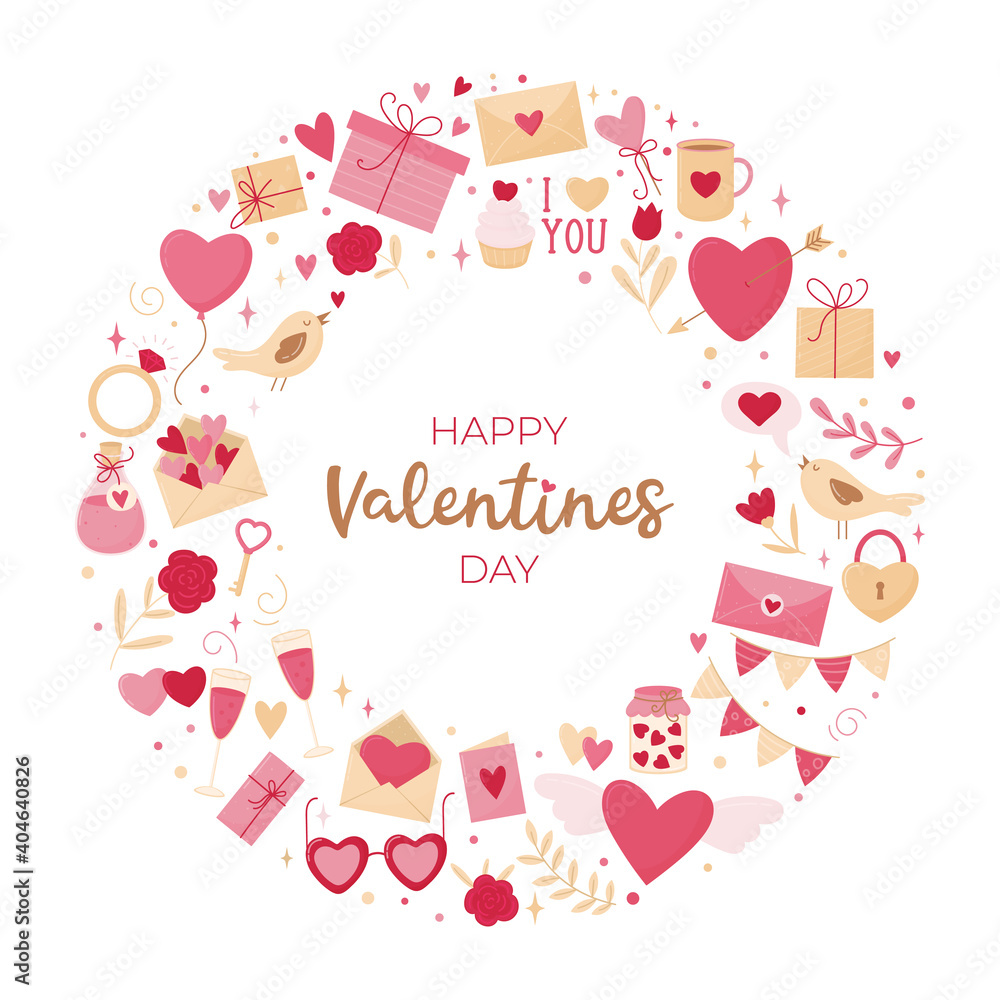 Valentine's day card. Round composition of various elements on a white background and an inscription.