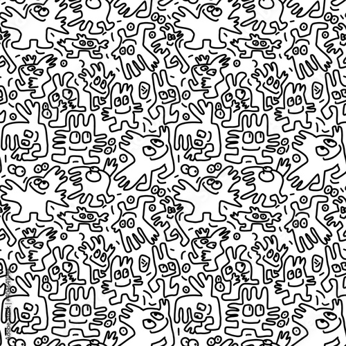 Cute aliens monsters doodle seamless pattern. Vector sketch illustration