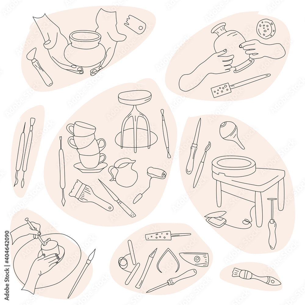 Clay crafting set in doodle style.Pottery modeling and sculpture tools