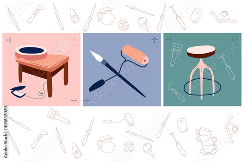 Ceramics production on pottery wheel,tools and instruments for workshop,special chair.Set illustrations with clay crafting.Sculpture modeling.Handiwork or hobby.Doodle style background,vector.Line art