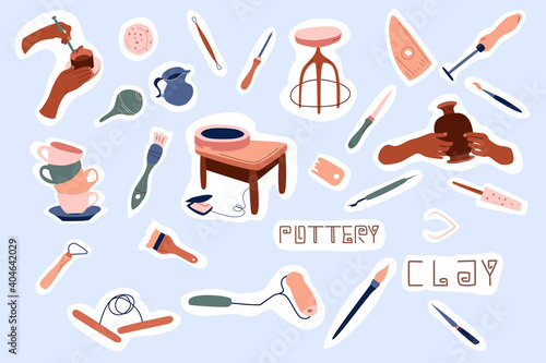 Clay crafting stickers collection. Pottery making, tools and instruments for workshop. Sculpture art and ceramics production.Clip art set for stationery. Handiwork or hobby.Doodle style, vector.