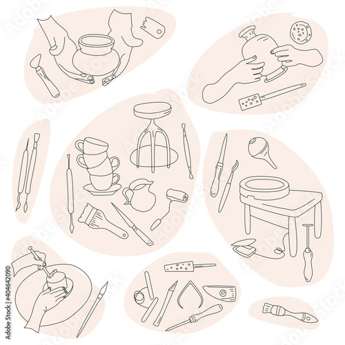 Clay crafting set in doodle style.Pottery modeling and sculpture tools.Outline instruments. Ceramics workshop banner.Background for for smartphone app,print for website,textile,stationery.Vector