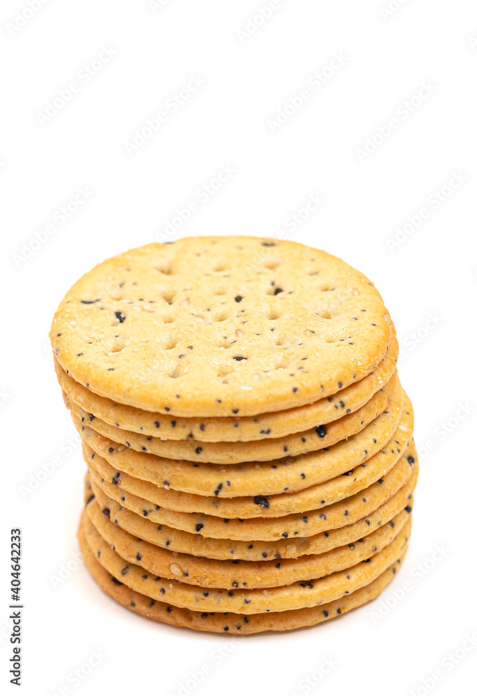 Sesame and Poppy Seed Crackers on a White Background Sesame and Poppy Seed Crackers on a White Background