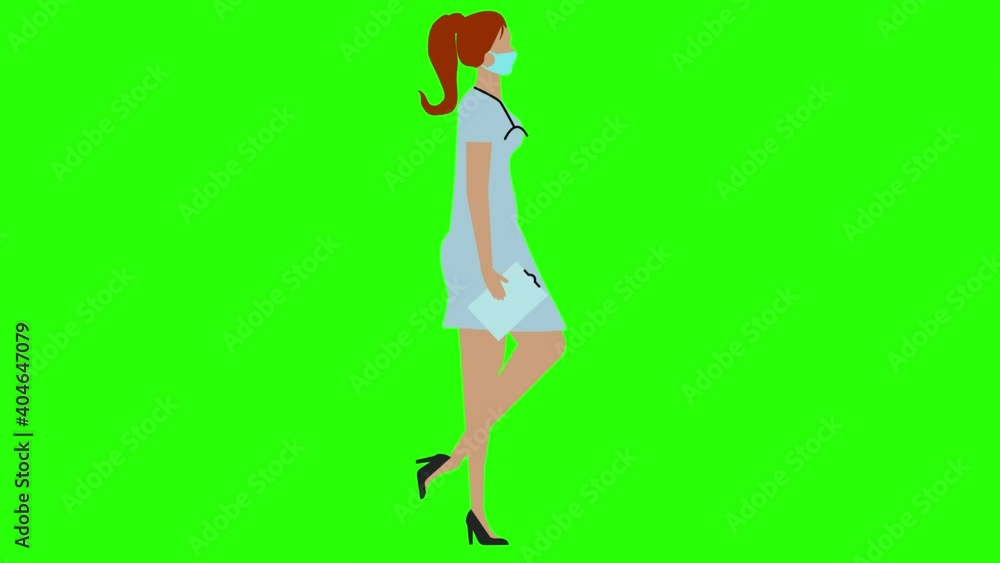 Women doctor walking cycle seamless loop , face mask version, green screen chroma key animation, flat design Women doctor walking cycle seamless loop , face mask version, green screen chroma key animation, flat design