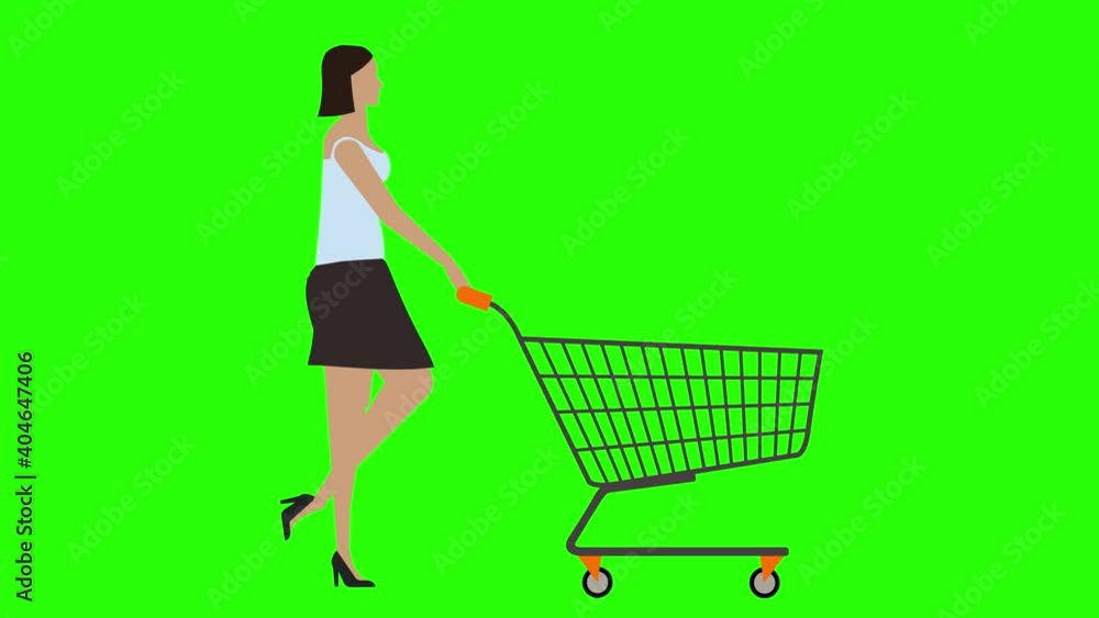 Women walking cycle seamless loop ,pulling the shopping cart, green screen chroma key animation, flat design Women walking cycle seamless loop ,pulling the shopping cart, green screen chroma key animation, flat design