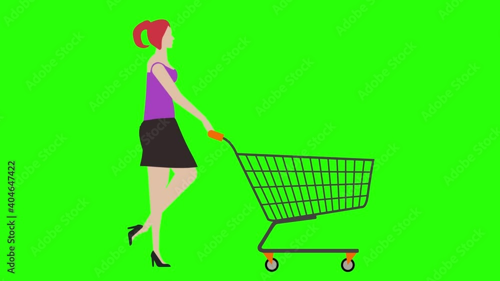 Women walking cycle seamless loop ,pulling the shopping cart, green screen chroma key animation, flat design Women walking cycle seamless loop ,pulling the shopping cart, green screen chroma key animation, flat design