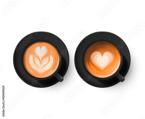 Vector 3d Realistic Ceramic Black Coffee Mug, Cup, Saucer, Milk Coffee, Foam Set Isolated. Espresso, Capuccino, Latte. Flower, Heart Pattern. Vector Illustration. Design Template. Top View