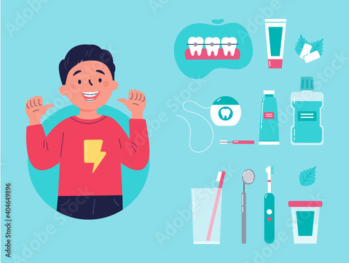 Teenager showing his smile with dental braces. Trendy boy with various accessories for daily dental care. Toothbrush, dental floss, mouthwash, braces, chewing gum. Vector cartoon illustration.