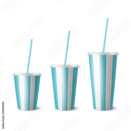 Vector 3d Realistic White, Blue Striped Paper Disposable Cup Set, Lid, Straw. Beverage, Drinks, Coffee, Soda, Tea, Cocktail, Milkshake. Design Template of Packaging for Mockup. Front View, Isolated