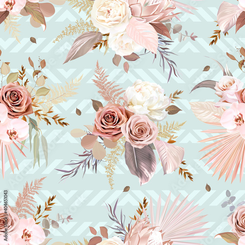 Trendy dried palm leaves, blush pink and rust rose, pale protea, white ranunculus, pampas grass