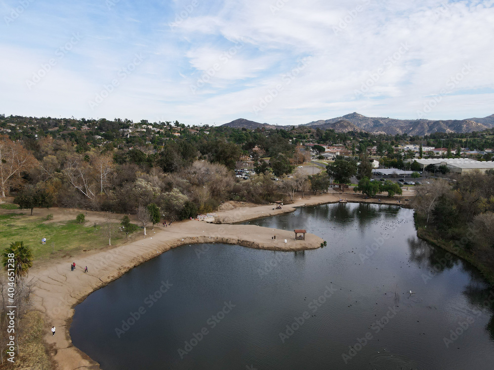Aerial view of lake at the Kit Carson Park, municipal park in Escondido, California, USA