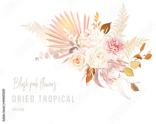 Trendy dried palm leaves, blush pink and rust rose, pale protea, white peony, ranunculus