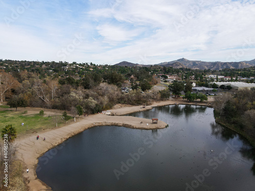 Aerial view of lake at the Kit Carson Park, municipal park in Escondido, California, USA