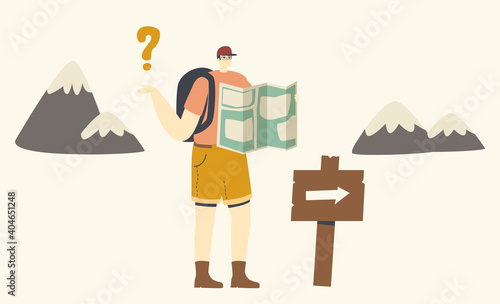 Outdoor Adventure, Hiking Recreation. Male Character Stand at Road Pointer Get Lost in Mountains. Man Search Direction