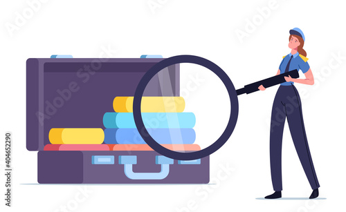 Tiny Customs Officer Female Character Looking in Tourist Suitcase Through Huge Magnifying Glass Checking Forbidden Cargo