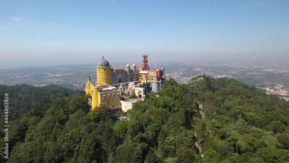Aerial shot of Pena Palace in Sintra Mountains, Portugal Aerial shot of Pena Palace in Sintra Mountains, Portugal