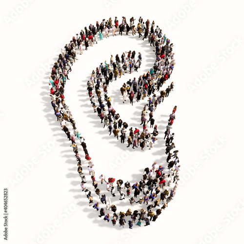 Foto Concept or conceptual large comunity of people forming the image of an ear on gray background