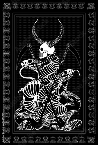 Tarot card skull death with horns and snakes, ornament details 