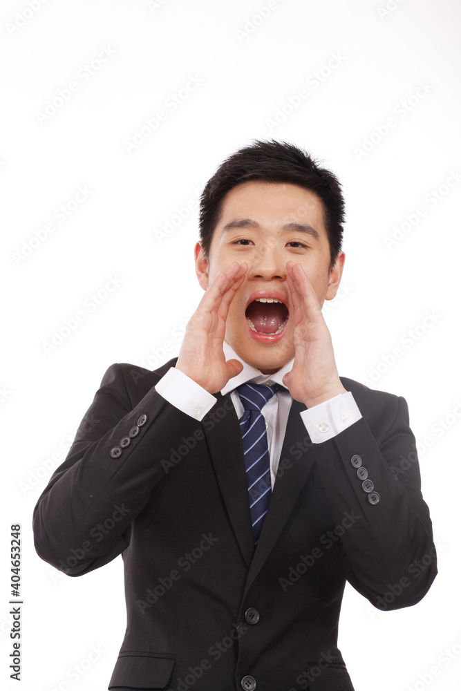 Asian happy young Business man shouting through Asian happy young Business man shouting through