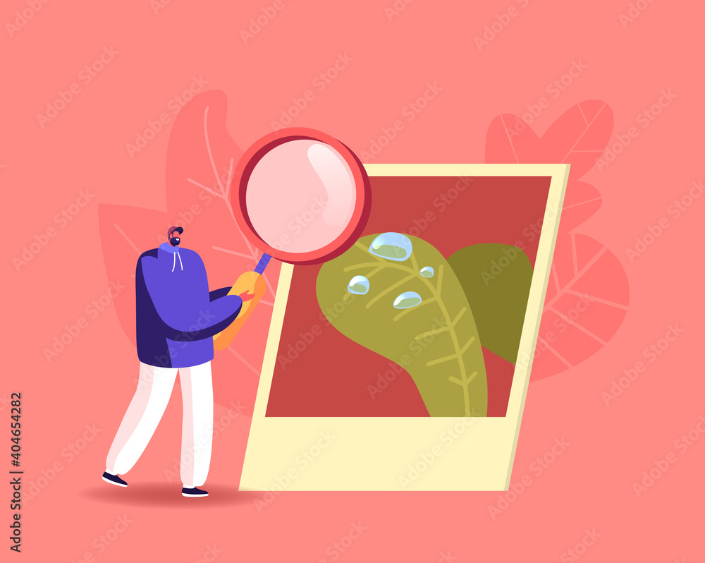 Tiny Male Character with Huge Magnifying Glass Looking at Photo with Macro Objects. Man Admire with Micro Water Drops Tiny Male Character with Huge Magnifying Glass Looking at Photo with Macro Objects. Man Admire with Micro Water Drops