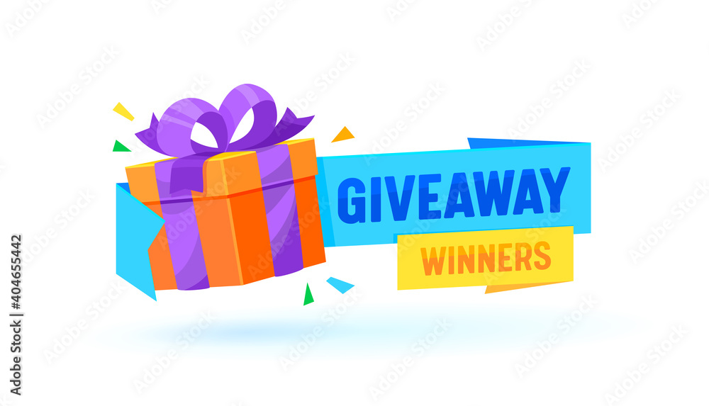 Giveaway Winners Gift Box, Vector Banner with Present Wrapped With Ribbon, Promotion Contest, Competition Free Prize