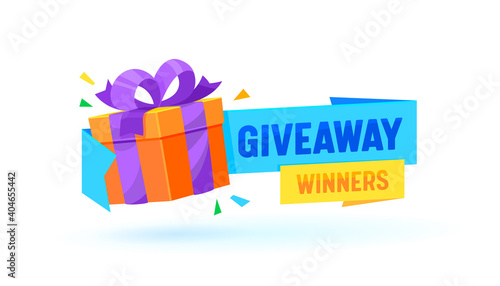 Giveaway Winners Gift Box, Vector Banner with Present Wrapped With Ribbon, Promotion Contest, Competition Free Prize