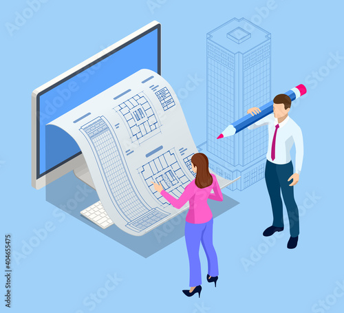 Architectural Project Isometric Concept. Professional Architects and Designers Working. Engineer working on laptop computer with blueprints on screen
